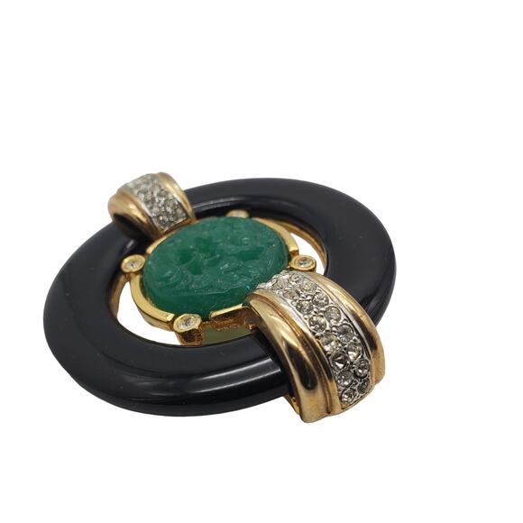 Gem Craft Green & Black Brooch Deco Carved Stone Pave Crystal Faux Jade Pin Vtg - Picture 4 of 8